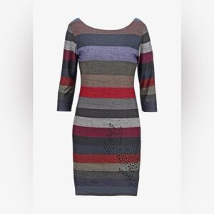 DESIGUAL Striped Multicolor Knit Dress with 3/4 sleeves plunge back neckline